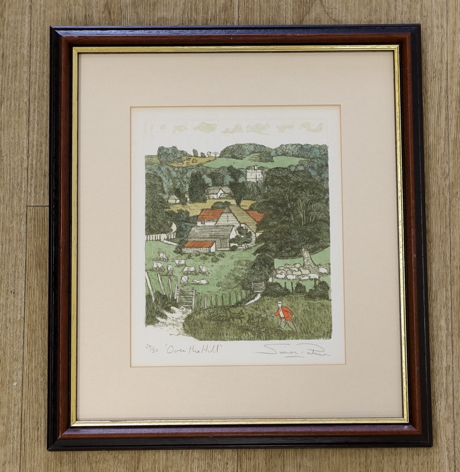 Simon Palmer (b.1956) colour etching, 'Over the hill', limited edition 24/50, signed in pencil, 21 x 17cm